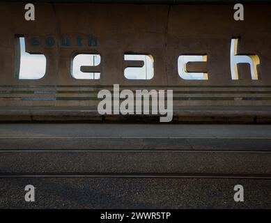 Künstlerisches Strandschild, South Shore, Blackpool, Lancashire, Großbritannien Stockfoto