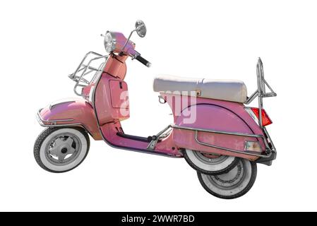 Italien - 25. März 2024: Rosafarbener Vespa-Roller mit Chrom-Paketträger und Pmeumatik mit weißem Band, isoliert auf weiß mit Beschneidungspfad Stockfoto