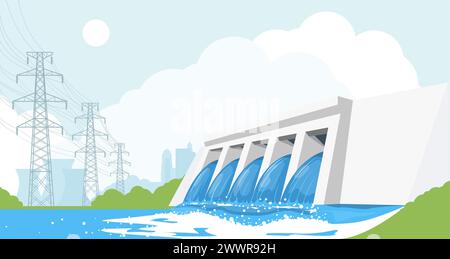 Wasserkraftwerk, Staudamm, Wasserkraftspeicher, Hochspannungsleitungen und Stadt, Stromversorgung, Vektor Stock Vektor