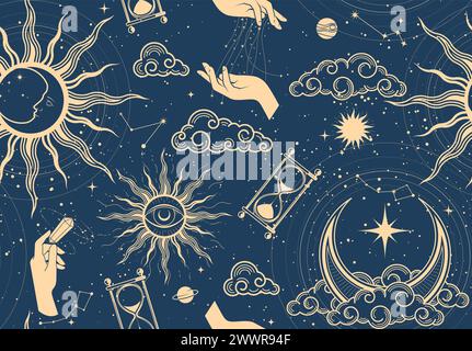 Nahtloses mystisches Raummuster mit Sonne, Mond und Händen der Zauberin, Astrologie-Kosmos-Hintergrund im Tarot-Stil, magischer Himmel, Vektor Stock Vektor