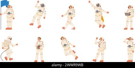 Astronautenfiguren. Astronauten verschiedene Posen, Comic-Kosmonauten arbeiten. Weltraum- und Universumserforschung, Raumfahrer in Anzügen, kuschelige Vektorset Stock Vektor