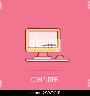 PC im Comic-Stil. Desktop-pc Cartoon-Vektor-Illustration auf isolierten Hintergrund. Monitor-Display Splash-Effekt Zeichen Geschäftskonzept. Stock Vektor