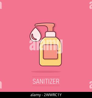 Symbol für Händedesinfektionsmittel im Comic-Stil. Antiseptische Flasche Cartoon Vektor Illustration auf isolierten Hintergrund. Desinfizieren Gel Splash Effekt Zeichen Business Co Stock Vektor