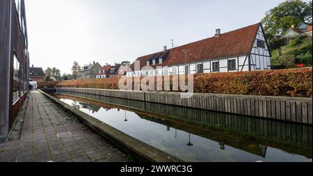 ROSKILDE, DÄNEMARK - 30. OKTOBER 2014: Typische Häuser dänischer Architektur in Roskilde an der Havnevej-Straße Stockfoto