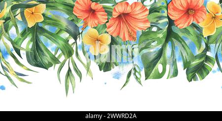 Tropische Palmenblätter, Monstera und Blumen von Plumeria, Hibiskus, hell saftig. Handgezeichnete botanische Illustration mit Aquarell. Nahtloser Rahmen ist Stockfoto