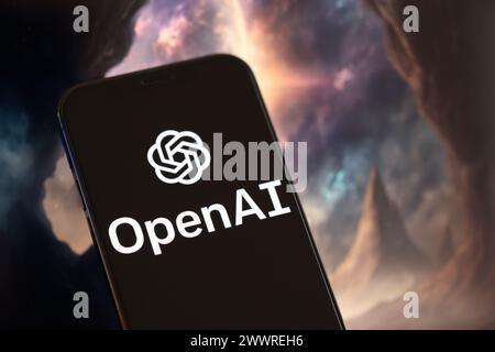 KIEW, UKRAINE - 17. MÄRZ 2024 OpenAI-Logo auf dem iPhone-Display mit Hintergrund der künstlichen Intelligenz futuristischen Ai-generierten Bild Nahaufnahme Stockfoto