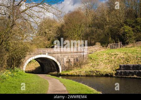 Ein HDR-Landschaftsbild des Leeds- und Liverpool-Kanals um die Greenberfield Locks, Barnoldswick. Der höchste Punkt des Kanals. 24. März 2024 Stockfoto