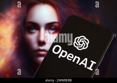 KIEW, UKRAINE - 17. MÄRZ 2024 OpenAI-Logo auf dem iPhone-Display mit Hintergrund der künstlichen Intelligenz futuristischen Ai-generierten Bild Nahaufnahme Stockfoto