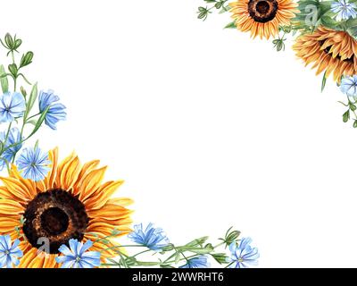 Horizontaler Rahmen mit Sonnenblumen, Wiesenpflanzen. Zichorienäste. Blauer, orange gelber Blumenstrauß. Blumenkomposition mit Kopierraum für Text. Stockfoto