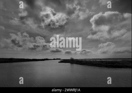 Landschaft in der Gegend zwischen Lido di Dante und dem Fluss Fiumi Uniti. Schwarzweißbilder mit starkem Kontrast, der Wolken hervorhebt Stockfoto