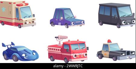 Autos mit Augen. Cartoon-Fahrzeuge Maskottchen mit verschiedenen Emotionen exakte lustige Gesichter auf Autos Stock Vektor