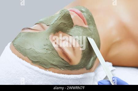 Das Verfahren zum Auftragen einer Maske aus Ton auf das Gesicht einer schönen Frau. Spa-Behandlungen und Katzenpflege im Schönheitssalon. Stockfoto