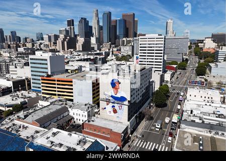 Eine allgemeine Gesamtansicht des Wandgemäldes der Los Angeles Dodgers, der als Hitter Shohei Ohtani im Miyako Hotel im Little Tokyo District von Los bekannt ist Stockfoto