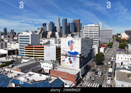 Eine allgemeine Gesamtansicht des Wandgemäldes der Los Angeles Dodgers, der als Hitter Shohei Ohtani im Miyako Hotel im Little Tokyo District von Los bekannt ist Stockfoto