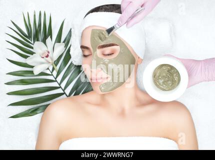 Das Verfahren zum Auftragen einer Maske aus Ton auf das Gesicht einer schönen Frau. Wellnessbehandlungen und Gesichtspflege im Schönheitssalon. Stockfoto