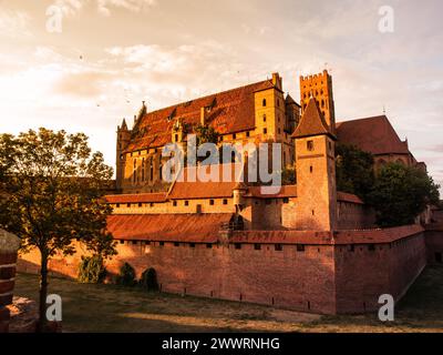 Schloss Malbork an sonnigen Sommertagen. Das hohe Schloss mit der Jungfrau Maria Kirche, ungewöhnliche Blickwinkel aus Süd-West, Polen Stockfoto