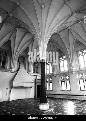 Inneres des Schlosses Malbork, alias Marienburg, Mittelsäule und radiale Gewölbedecke im Sommerrefektorium, Region Pommern, Polen, Europa. Schwarzweißbild. Stockfoto