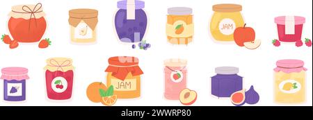 Hausgemachte Marmeladegläser. Glas mit verschiedenen Obst- und Beerenmarmeladen. Isolierte Birne, Apfel, Erdbeermarmelade, rassige Vektor süße Desserts Stock Vektor