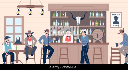 Cowboys in der Bar. Männliche Charaktere im wilden Westen trinken Alkohol im Pub. Cowboy tragen traditionelle Mütze und Outfit. Texas Lifestyle. Letzte Vektorszene Stock Vektor