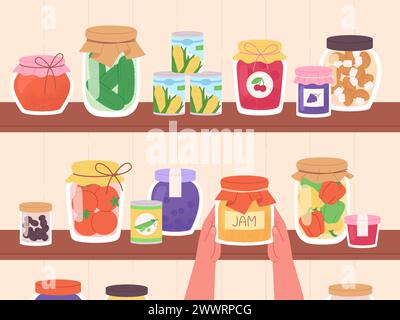 Hausgemachte süße Konfitüren in den Regalen im Keller. Gläser mit Gurken, Tomaten, Paprika und Pilzen. Leckere hausgemachte Preserve, rassige Vektorszene Stock Vektor