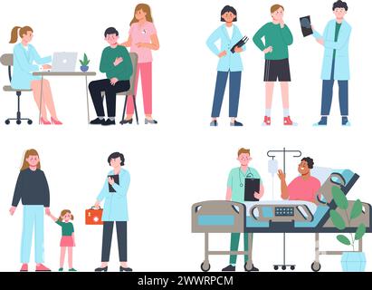 Ärzte und Patienten. Besuch bei Ärzten, Kranken und Verletzungen. Gesundheitsfiguren, Klinikteam in Uniform bei der Arbeit. Prächtige medizinische Vektorszenen Stock Vektor