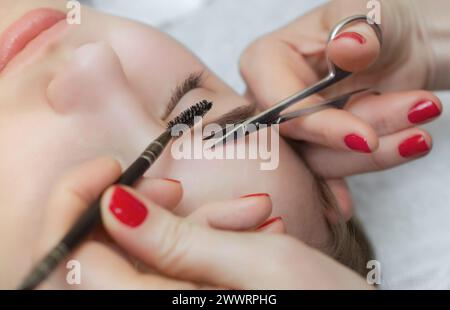 Master Make-up korrigiert, verleiht Form und schneidet mit einer Schere Augenbrauen in einem Schönheitssalon. Professionelle Gesichtspflege. Stockfoto