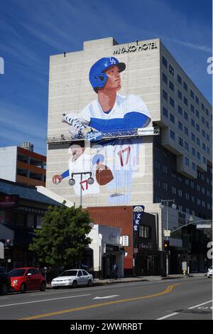 Ein Wandgemälde der Los Angeles Dodgers, benannt nach Hitter Shohei Ohtani, im Miyako Hotel im Little Tokyo District von Los Angeles, Montag, 25. März 2024 Stockfoto