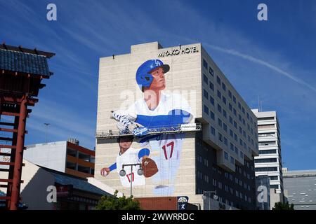 Ein Wandgemälde der Los Angeles Dodgers, benannt nach Hitter Shohei Ohtani, im Miyako Hotel im Little Tokyo District von Los Angeles, Montag, 25. März 2024 Stockfoto