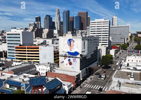 Eine allgemeine Gesamtansicht des Wandgemäldes der Los Angeles Dodgers, der als Hitter Shohei Ohtani im Miyako Hotel im Little Tokyo District von Los bekannt ist Stockfoto