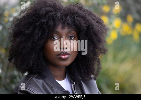 Dieses Porträt fängt eine junge afroamerikanische Frau mit voluminösem lockigem Haar in legeren Kleidern ein, vor einem weichen Hintergrund der gelben Blüten der Natur. Ihr kontemplativer Blick fügt dem Bild eine ruhige Qualität hinzu, ideal für Themen von natürlicher Schönheit, Introspektion und kultureller Vielfalt. Ruhige junge afroamerikanische Frau mit üppigen lockigen Haaren in der Natur. Hochwertige Fotos Stockfoto