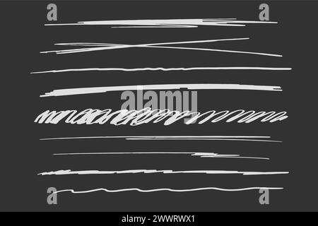 Durchgestrichene Unterstriche, Kreidekontur festlegen, Markierungslinien Grunge-Kurve, wvy Free Handmarkierungen strukturierte einfache Ränder isoliert auf dunklem Hintergrund. Creative Collection mit Kritzelpinsel- oder Buntstift-Karos. Vektorabbildung Stock Vektor