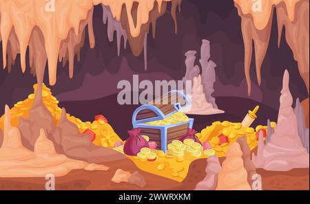 Schatzhöhle. Piratenkiste mit verstecktem Geld, Schmuck stapeln Goldmünzen in alten Holzschatullen, märchenhafte Schatzkammer goldene Barschätze in unterirdischen Minen Karikaturvektor Illustration von Piratenschatz Stock Vektor