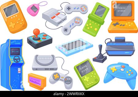 Retro-Videospielgeräte. Vintage-Game-Gadgets nintendo-Konsolen, Gamer-Controller y2k-Gaming-Elektronik-Technologie 80er, Hipster-Joystick-Fernbedienung, saubere Vektorillustration des Konsolenspiels Stock Vektor