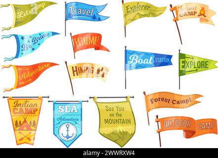 Camp Wimpel. Varsity Outdoor Banner oder Camping Wimpel, Universität Sport Flagge Hipster Abenteuer Scout Club Vintage Emblem Reise Motto Wanderlust Abzeichen, Vektor Illustration von Abenteuer Flagge Anhänger Stock Vektor