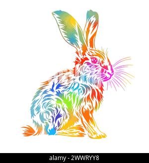 Farbige Kaninchen-Vektor-Illustration, isoliert auf weißem Hintergrund. Handzeichnung. Nicht KI, auf ein T-Shirt drucken. Vektorabbildung Stock Vektor