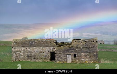 Alte Scheune in der Nähe von Hawes, Wensleydale, mit einem Regenbogen darüber. Die Scheunen sind Teil des Erbes der Dales, aber viele fallen jetzt als Th herunter Stockfoto