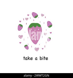 Süße Erdbeere und Herzen mit Take a Bite Text. T-Shirt mit Schriftzug oder Designelement Stock Vektor