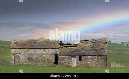 Alte Scheune in der Nähe von Hawes, Wensleydale, mit einem Regenbogen darüber. Die Scheunen sind Teil des Erbes der Dales, aber viele fallen jetzt als Th herunter Stockfoto