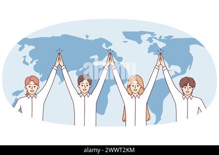 Ein freundliches Team internationaler Unternehmen steht mit erhobenen Händen in der Nähe der Weltkarte und zeigt Solidarität. Männer und Frauen in weißen Hemden, die in globalen Konzernen arbeiten. Abbildung eines flachen Vektors Stock Vektor