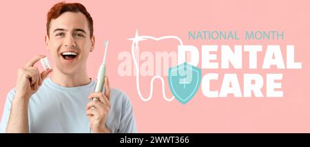 Banner für National Dental Care Month mit glücklichem jungen Mann, der Plastikzahn und elektrische Bürste hält Stockfoto