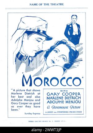 Ein Vintage-Werbespot für MAROKKO 1930 mit GARY COOPER und MARLENE DIETRICH Regisseur JOSEF VON STERNBERG spielen Amy Jolly von BENNO VIGNY Paramount Pictures Stockfoto