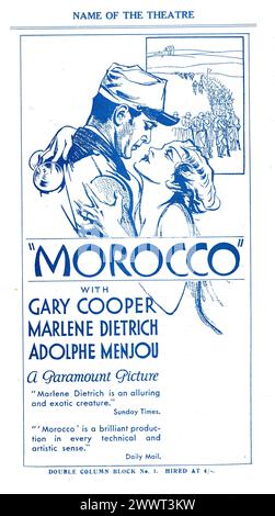 Ein Vintage-Werbespot für MAROKKO 1930 mit GARY COOPER und MARLENE DIETRICH Regisseur JOSEF VON STERNBERG spielen Amy Jolly von BENNO VIGNY Paramount Pictures Stockfoto