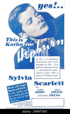 Eine Zeitungsanzeige für SYLVIA SCARLETT 1935 mit KATHARINE HEPBURN und CARY GRANT Director GEORGE CUKOR Roman COMPTON MACKENZIE RKO Radio Pictures Stockfoto