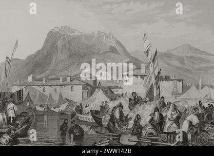 Griechenland. Korinth, Hafen von Kenkries. Stich von Aubert. "La Tierra Santa y los lugares recorridos por los profetas, por los apóstoles y por los cruzados" (das Heilige Land und die von den Propheten, den Aposteln und den Kreuzfahrern durchquerten Stätten). Veröffentlicht in Barcelona von der Druckerei Joaquin Verdaguer, 1840. Stockfoto