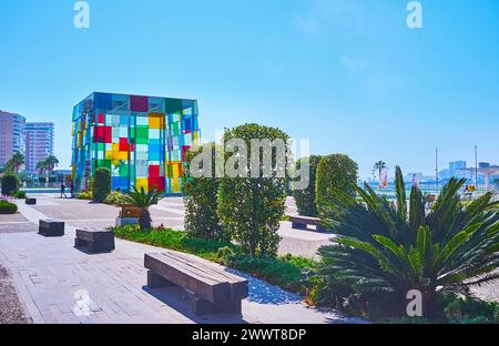 MALAGA, SPANIEN - 28. SEPTEMBER 2019: Der topische Park auf der Pasaje Doctor Carrillo Casaux vor dem Centre Pompidou Malaga Museum, Malaga, Spanien Stockfoto