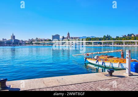 Hafen von Malaga mit vertäuten Booten und Palmenhain der Überraschungen Promenade im Hintergrund, Spanien Stockfoto