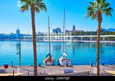 Zwei kleine Segelyachten liegen im Hafen von Malaga vor der Palmenhaine der Überraschungen und dem grünen Stadtpark, Spanien Stockfoto