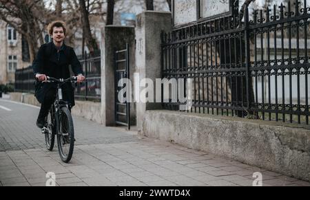 Professioneller Geschäftsmann, der mit dem Fahrrad in einer urbanen Umgebung pendelt Stockfoto