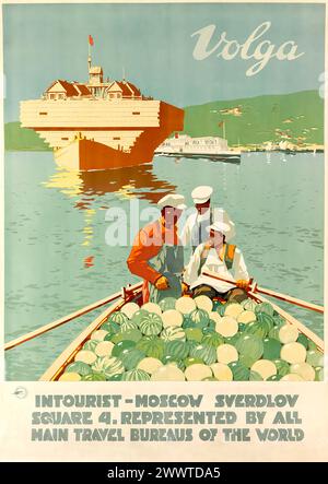 Vintage-Reiseplakat von Intourist, der Tourismusagentur der Sowjetunion, für die Wolga in Russland. Ca. 1930er Jahre Stockfoto