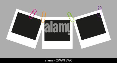 Die Polaroid-Kamera rahmt ein Fotomockup-Scrapbook auf eine graue Wand. Farbige Büroklammern. Schwarze Fotorahmen-Vorlage. Vektorabbildung. Stock Vektor